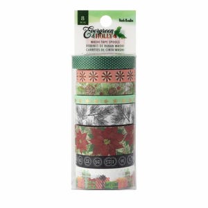 May include: Eight washi tape spools in a clear plastic package. The spools feature various Christmas-themed designs, including polka dots, snowflakes, pine cones, stars, pine needles, poinsettias, and gift boxes. The package includes the text "Evergreen & Holly".
