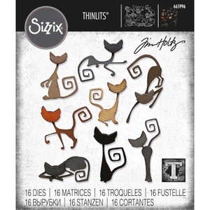 May include: A set of 16 metal dies featuring whimsical cat designs. The dies are designed by Jim Holtz and are part of the Sizzix Thinlits collection. The dies are numbered 665996.
