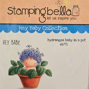 May include: Illustration of a baby with blue hydrangea flowers for hair, emerging from a terracotta pot filled with green leaves. The text reads "Hey Baby" and "hydrangea baby in a pot". The brand name "Stamping Bella" is at the top.