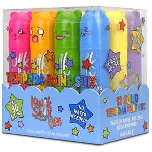 May include: A box set of 12 solid tempera paint stix in various colors, including pink, orange, green, blue, yellow, and purple. Each stick has a bear-shaped top and is labeled "Kwik Stix Cuties". The box also states "Easy to Use" and "No Water Needed!"