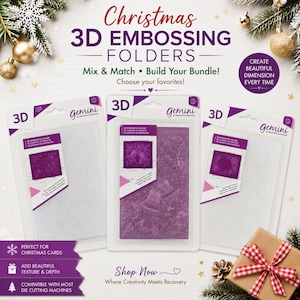 May include: Three Gemini 3D embossing folders in clear plastic packaging. The center folder features a purple insert with a jingle bell wreath design. The left and right folders show snowflake and frame patterns. Text includes Christmas 3D Embossing Folders.