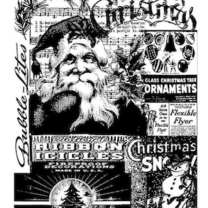 May include: A black and white collage with Christmas-themed imagery. Santa Claus is featured prominently, along with text that reads "Merry Christmas," "Glass Christmas Tree Ornaments," and "Ribbon Icicles." The image has a vintage, retro aesthetic.