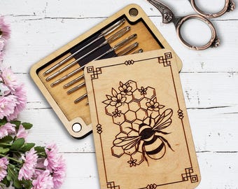 Honeycomb Bee Wooden Needle Minder: Laser Engraved Magnetic Storage Case