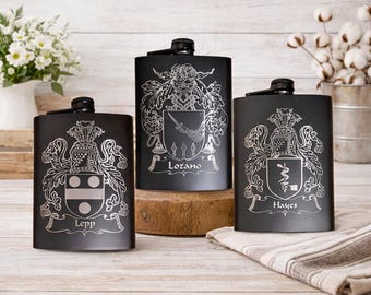 Personalized Family Crest Coat of Arms Laser Engraved Flask