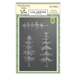 May include: A gray 3D embossing folder featuring fir tree designs. The folder includes a branch and two fir tree shapes. The package is labeled "FIR TREES" and measures 5x7 inches.