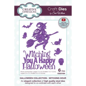 May include: Purple die cut set of a witch flying on a broomstick with a cat, ghost, and skull. The set includes the text "Witching You A Happy Halloween" and 6 dies. The largest die is 7.3 inches by 5.8 inches and the smallest die is 0.6 inches by 0.5 inches.
