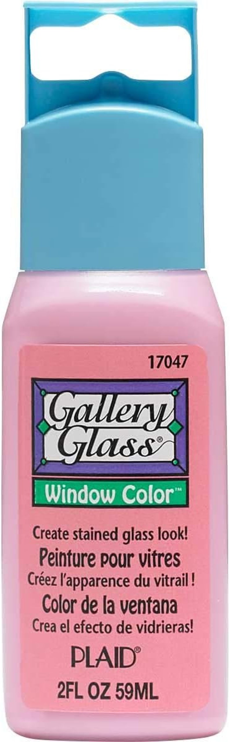 K&ouml;nnte beinhalten: Eine rosa Flasche Gallery Glass Window Color Farbe. Die Flasche ist mit dem Produktnamen und Anweisungen zum Erstellen eines Glasmalereieffekts beschriftet. Die Flasche enth&auml;lt 59 ml Farbe.