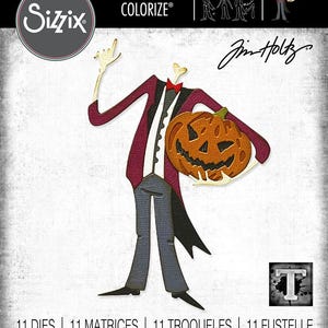 May include: A die-cut design featuring a headless figure in a burgundy suit and gray pants holding a jack-o'-lantern. The design is part of the Sizzix Thinlits Colorize collection by Jim Holtz. The text "THINLITS® COLORIZE®" and "Jim Holtz" are visible in the image. The die-cut is labeled with the number 665553.