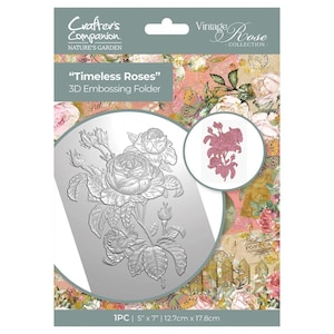May include: A 3D embossing folder from the Crafter's Companion Nature's Garden collection. The package features a floral design with the words "Timeless Roses". The folder measures 5" x 7".