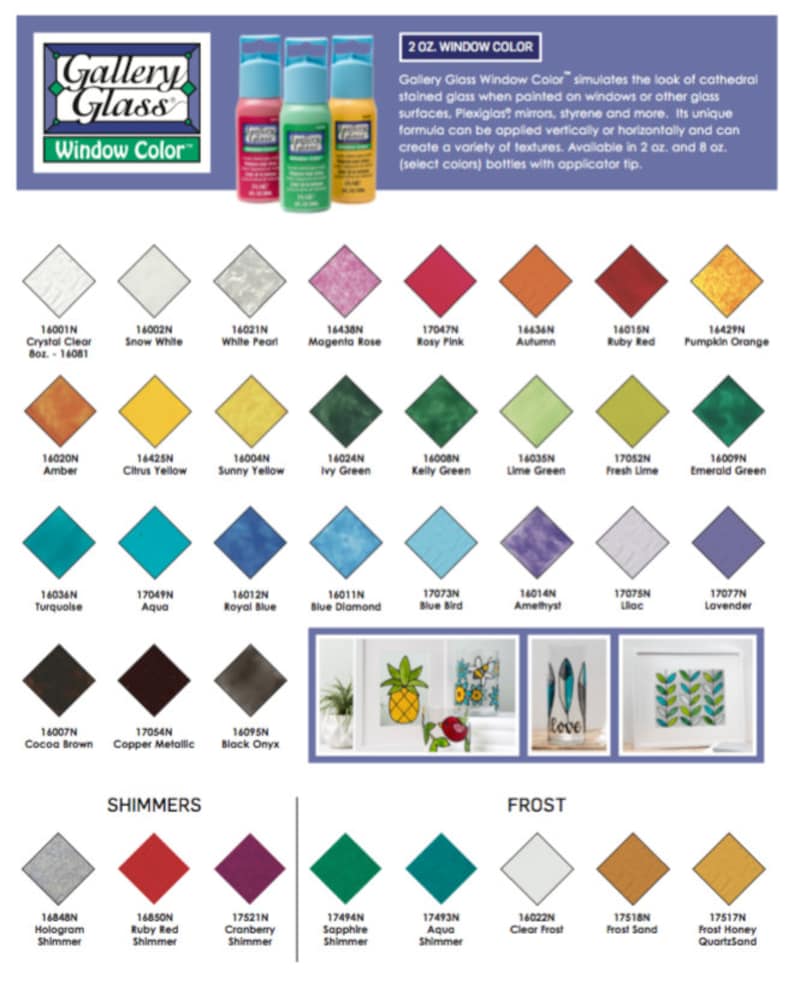 K&ouml;nnte beinhalten: Eine Tabelle mit 2 oz. Gallery Glass Window Color-Farbflaschen. Die Tabelle zeigt die in der 2 oz. Gr&ouml;&szlig;e verf&uuml;gbaren Farben. Die Farben sind in Reihen und Spalten angeordnet. Die Farben umfassen Crystal Clear, Snow White, White Pearl, Magenta Rose, Rosy Pink, Autumn, Ruby Red, Pumpkin Orange, Amber, Citrus Yellow, Sunny Yellow, Ivy Green, Kelly Green, Lime Green, Fresh Lime, Emerald Green, Turquoise, Aqua, Royal Blue, Blue Diamond, Blue Bird, Amethyst, Lilac, Lavender, Cocoa Brown, Copper Metallic, Black Onyx, Hologram Shimmer, Ruby Red Shimmer, Cranberry Shimmer, Sapphire Shimmer, Aqua Shimmer, Clear Frost, Frost Sand und Frost Honey QuartzSand.