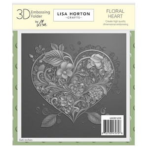 May include: A 3D embossing folder featuring a floral heart design. The heart is filled with detailed floral and leaf patterns. The package is 6x6 inches and includes the text "FLORAL HEART" and "LISA HORTON - CRAFTS-".