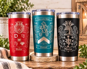 Personalized Family Crest Coat of Arms Laser Engraved Tumbler 20oz