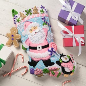 Lollipop Pink Santa Felt Applique DIY Stocking | Bucilla Christmas Sock Kit | Holiday Decor