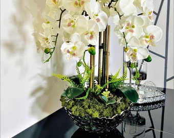 GEORGE V PARIS - Silk Faux Orchid and Moss Floral Display - Arrangement floral XXL - Large Silver pot - Luxury centerpiece - home decor