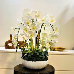 SNOW PARIS - Exclusive Design Handmade Real Touch Luxury Silk Flowers Artificial Orchid Pot Flower Arrangement Best Friend Gifts - 23X 9Cm