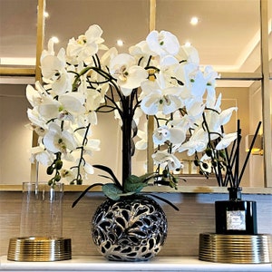 NOTRE DAME PARIS- white orchid in silver bowl pot ceramic - Orchids Plant Arrangement Artificial - Faux orchid and Moss floral display,Gifts