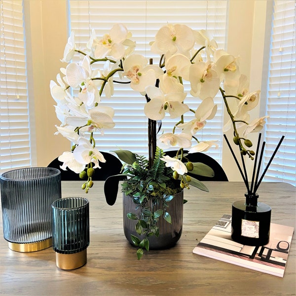 DAVIINCI PARIS- Luxury table centerpiece for decor living interior- grey or black indoor plant pot-Real TOUCH Orchid arrangement -15 X 15 Cm