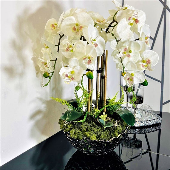 GEORGE V PARIS Silk Faux Orchid and Moss Floral Display Arrangement Floral  XXL Large Silver Pot Luxury Centerpiece Home Decor -  Finland