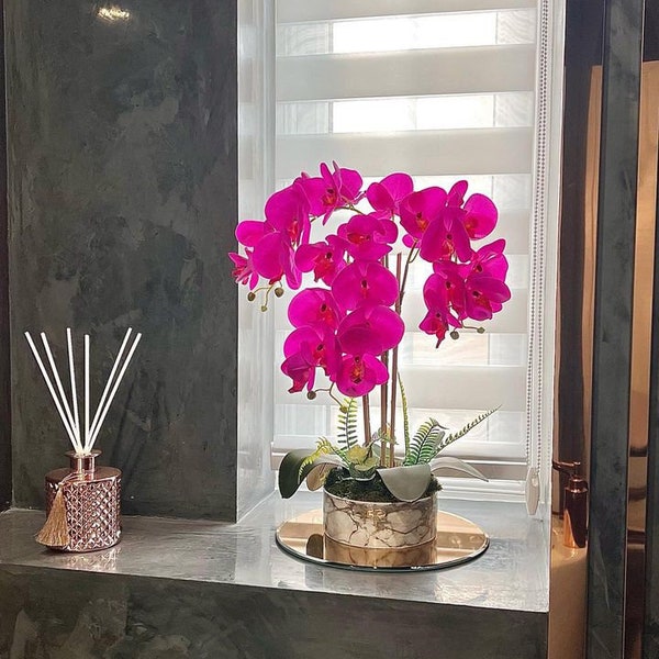MARBRE FUSHIA PARIS - Plante en pot d'orchidées - Composition Artificielle - Vraie touche - Phaleonopsis fleur Fushia - 16 cm - Cadeau fête des mères