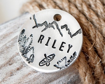 Hand Stamped Pet ID Tag: Canoe, Lake, Hiking Dog Tag