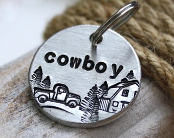Hand Stamped Pet ID Tag: Barn, Farm, Trees - Custom Dog & Cat Tag