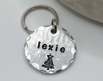 Hand Stamped Pet ID Tag: Christmas Tree, Custom Dog Cat Tag