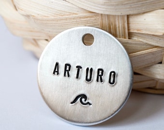 Hand Stamped Pet ID Tag: Wave Design, Custom Dog Cat Collar