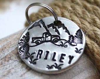 Hand Stamped Pet ID Tag: Farm Truck, Mountains, Fall Theme