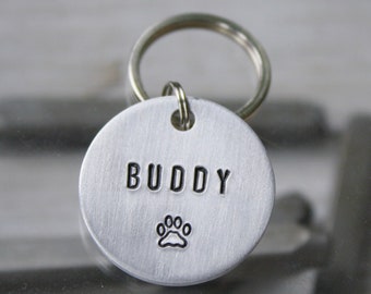 Simple Pet ID Tag | Hand Stamped | Paw Print Dog Tag, Cat Tag, Custom Pet Tag, Dog Collar, Pet Supplies