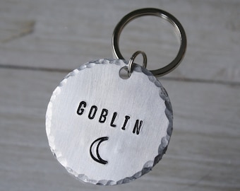 Hand Stamped Pet ID Tag: Moon Design, Custom Dog Cat Tag