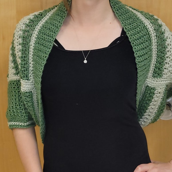 Green Wide Striped Crochet Shoulder Shrug