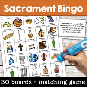 May include: A "Sacrament Bingo" game with 30 boards and matching game pieces. The game features illustrated cards with religious themes, including matrimony, Eucharist, and baptism. A blue dot marker is in the image.