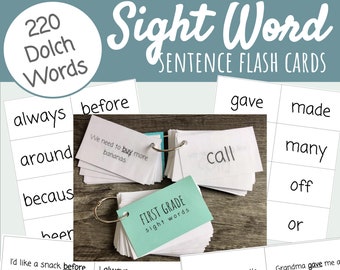 Printable Sight Word and Sentences Flash Cards - Science of Reading heart words - Dolch, preschool, kindergarten, homeschool, back to school