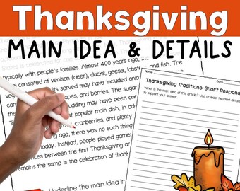 Thanksgiving Reading Comprehension: Main Idea and Details | Short Writing Response | Homeschool | Turkey Day | November Activities
