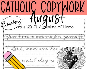 August Cursive Catholic Copywork | Immaculate Heart of Mary | Handwriting | St Clare | St Maximilian Kolbe | St Augustine | Back to School