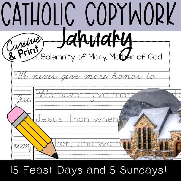 January 2024 Cursive & Printing Copywork - Catholic Penmanship - New Years - Holy Name of Jesus - Epiphany - St Sebastian - St Agnes