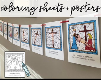 Stations of the Cross Stained Glass Posters: Lent and Holy Week Coloring Pages | Catholic | Printable Banners | Good Friday | Easter Garland