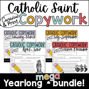 CURSIVE & PRINTING Katholische Heilige ein ganzes Jahr lang Copywork Bundle: 350+ Seiten Handschriftübungen | Hausschule | Glaubensbildung | Zitate
