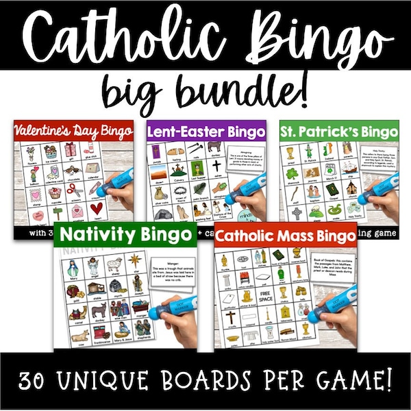 Catholic Bingo Bundle - Printable: Valentine's Day | Lent & Holy Week | St. Patrick's Day | Christmas/Nativity | Faith Formation Games