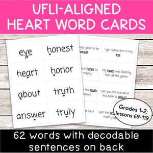 Tarjetas de palabras irregulares con forma de corazón alineadas con UFLI: grados 1 y 2 / Oraciones en el reverso / Ciencia de la lectura / Tarjetas didácticas / Palabras visuales de alta frecuencia