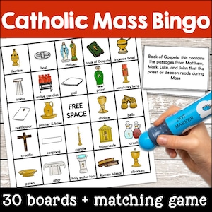 Bingo della messa cattolica / Gioco di educazione religiosa / Oggetti della chiesa / Prima comunione / Formazione della fede