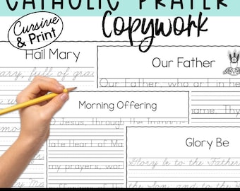 Copia de oraciones católicas: manuscrito y cursiva / calco / escritura a mano / caligrafía / Padrenuestro / Avemaría / Memorare / Acto de contrición