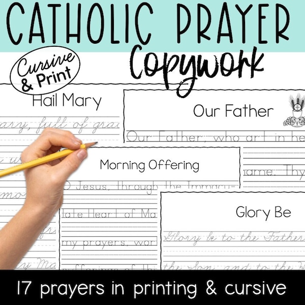 Catholic Prayer Copywork: Manuscript & Cursive | Tracing | Handwriting | Penmanship | Our Father | Hail Mary | Memorare | Act of Contrition