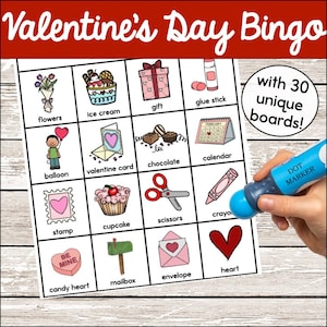 Valentinstag Bingo mit 30 Brettchen - Ausdruckbares Vokabelspiel - Klassenparty Aktivität - Herzen, Schokolade, Karten, Luftballons, Umschlag
