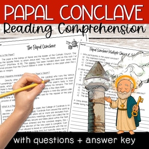 Pode incluir: Folha de trabalho imprimível em preto e branco com uma ilustração de desenho animado de um papa segurando uma chave. A folha de trabalho é intitulada "Conclave Papal - Compreensão de Leitura" e inclui perguntas de múltipla escolha sobre o processo de eleição de um novo papa.