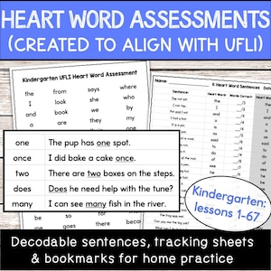May include: Educational materials for kindergarten include heart word assessments, decodable sentences, and tracking sheets. The documents are designed to align with UFLI and provide home practice resources. The image features a blue header with white text.