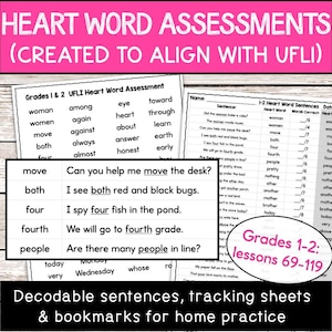 Puede incluir: Materiales educativos para los grados 1-2, que incluyen evaluaciones de palabras clave, oraciones decodificables y hojas de seguimiento. La imagen presenta listas de palabras, oraciones y una guía de lecciones.