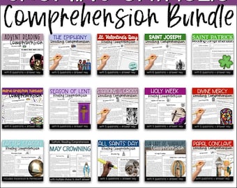 May include: A digital educational resource titled Growing Catholic Comprehension Bundle featuring fifteen individual reading comprehension worksheets. Each page includes a text passage, multiple-choice questions, and an answer key for various religious holidays.