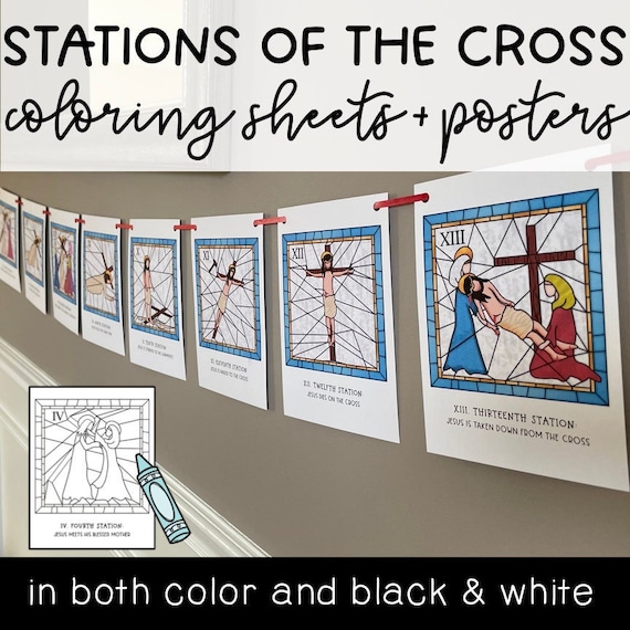 Stations of the Cross Stained Glass Posters: Lent and Holy Week Coloring Pages | Catholic | Printable Banners | Good Friday | Easter Garland