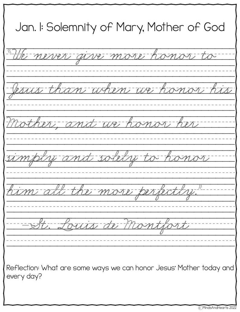 January 2024 Cursive Copywork Catholic Feast Days Penmanship New Years
